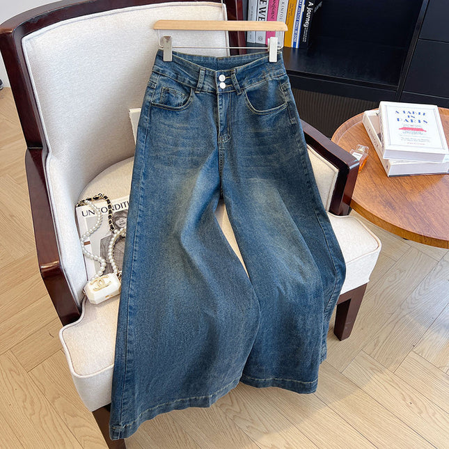 Retro Blue Large Pants Wide Leg Jeans Women's Autumn and Winter 2024 New Fashion All-match High Waist Loose Mop Pants