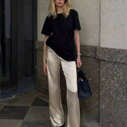 Acetate Minimalist Satin Elastic Waist Loose Flared Wide-Leg Pants for Women with Drape Effect 2026 New Spring and Autumn Casual Straight Pants