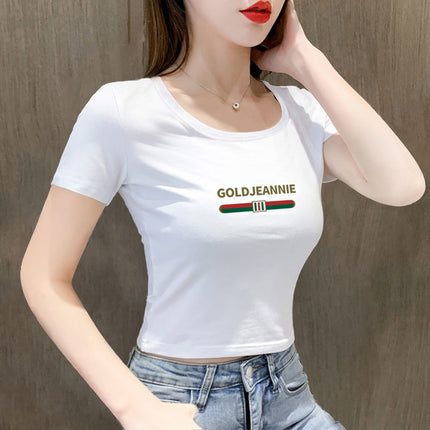 White T-Shirt Women's Short-Sleeved Round Neck Exposed Navel High-Waisted Short Summer Tight-Fitting Crop Top 2025 New T-Shirt