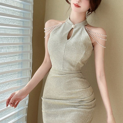 Real shot retro sexy off-the-shoulder Pearl decorative chain cheongsam collar sheath short dress evening work clothes