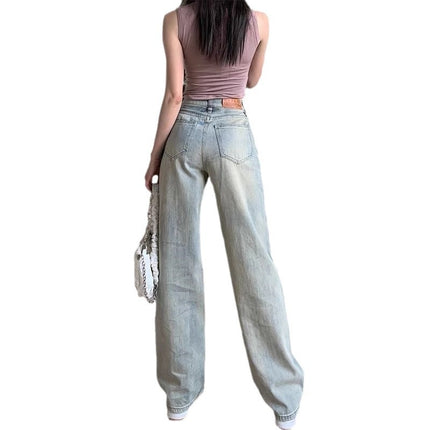 Mud Yellow fleece-lined Jeans Women's Trendy All-match New High Waist Slimming Loose Dose Narrow Wide-leg Long Pants