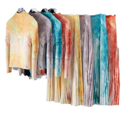 Spring High-Bottom Pleated Corn Kernel Graffiti Long-Sleeved Turtleneck T-Shirt Bottoming Shirt Drapedy Stereo Large Swing Skirt Two-Piece Set