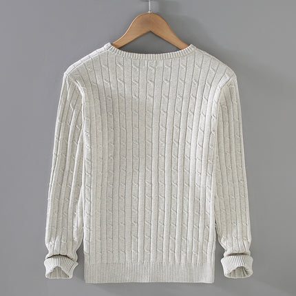 Men's Autumn and Winter Thick Knit Sweater, Pure Cotton Solid Color Knit Sweater, Cable Knit, Slim Fit, Trendy Round Neck, Lazy Style