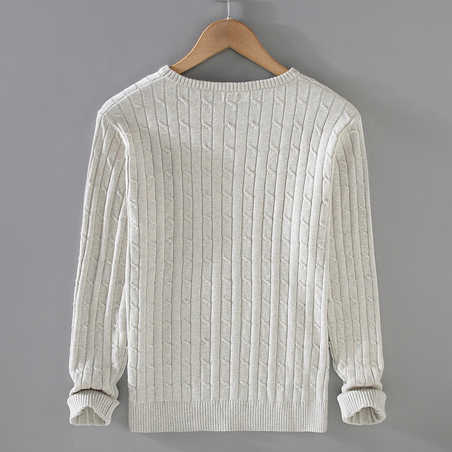 Men's Autumn and Winter Thick Knit Sweater, Pure Cotton Solid Color Knit Sweater, Cable Knit, Slim Fit, Trendy Round Neck, Lazy Style