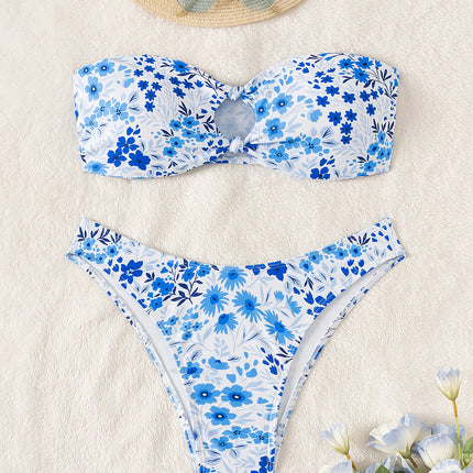 2025 New Swimsuit Female Sexy Cross-Border Split Floral Bikini Bikini Tube Top Cut Out Export Swimsuit Female