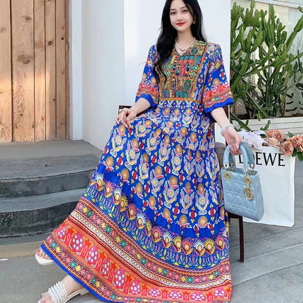 Amazon Cotton Silk Beach Dress Ethnic Style Large Swing Dress V-Neck Mid-Sleeve Dress Embroidered Vintage Floral Long Dress