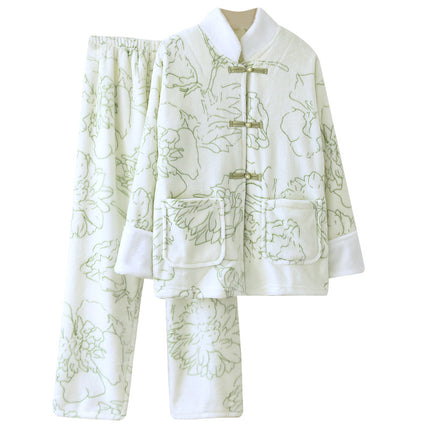 Flannel Green Lapel Cardigan Pajamas suit Women's Autumn and Winter fleece-lined Thickened Lapel Warm Outer Wear Home Clothes