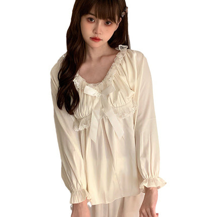 First Love Pajamas Women's Autumn and Winter Ice Silk Long Sleeve Suit Early Autumn French Retro Pure Desire with Hair Tie Home Clothes