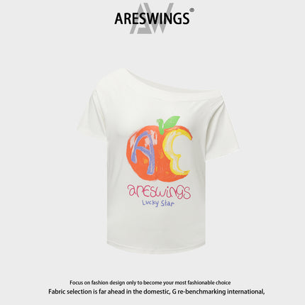 Areswings American Abstract Apple Letter Pattern Printed Slanted Shoulder Short-Sleeved T-Shirt Women's Summer Sexy Top