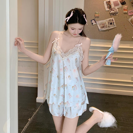 Ice Silk Pajamas Women's Summer Girls Pure Want Sling Shorts Home Clothes suit Pajamas Women's Pink Japanese Sexy