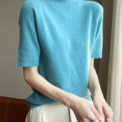 One-Piece Seamless Autumn and Winter Half-High Collar Five-Quarter Sleeve Knit Top for Women, Loose Short-Sleeve T-Shirt Knit Top for Layering