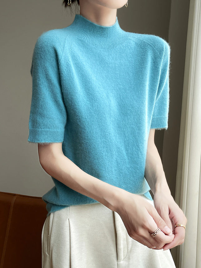 One-Piece Seamless Autumn and Winter Half-High Collar Five-Quarter Sleeve Knit Top for Women, Loose Short-Sleeve T-Shirt Knit Top for Layering