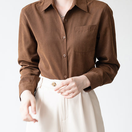 Soft Velvet Commuter Layering Brushed Shirt for Women, Spring and Autumn Vibe Dopamine Caramel Color Shirt Top