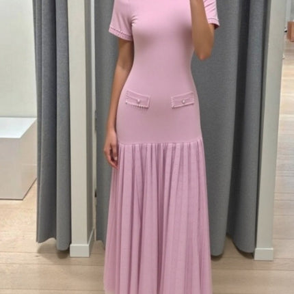 European and American Women's Fashion Summer New Elegant Long Dress French Style Socialite Heavy-Duty Pearl Embellished Mid-Length Short-Sleeve Knit Dress