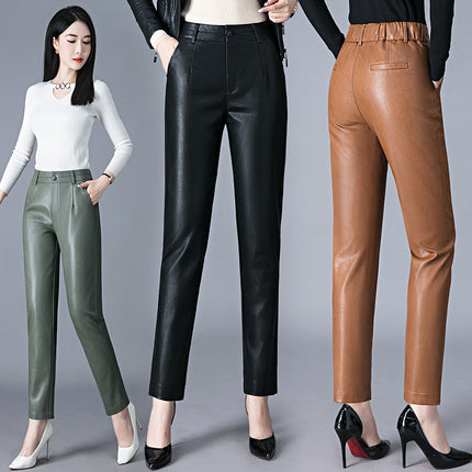 2025 Autumn/Winter New Women's Leather Pants Mid-Waist Outerwear Trousers Slim Fit Sheepskin Leggings