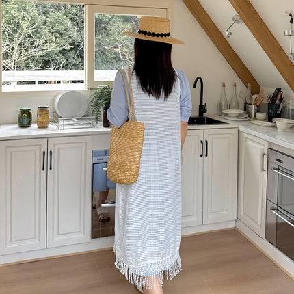 Two days 2025 spring new plus size women's tassel hollow blouse/solid color waist dress 8782AB
