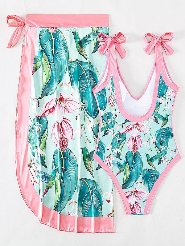 2026 One-Piece Swimsuit Chiffon Long Skirt Set Printed Tie-Up Swimsuit Two-Piece Set Sexy Printed Bikini for Women