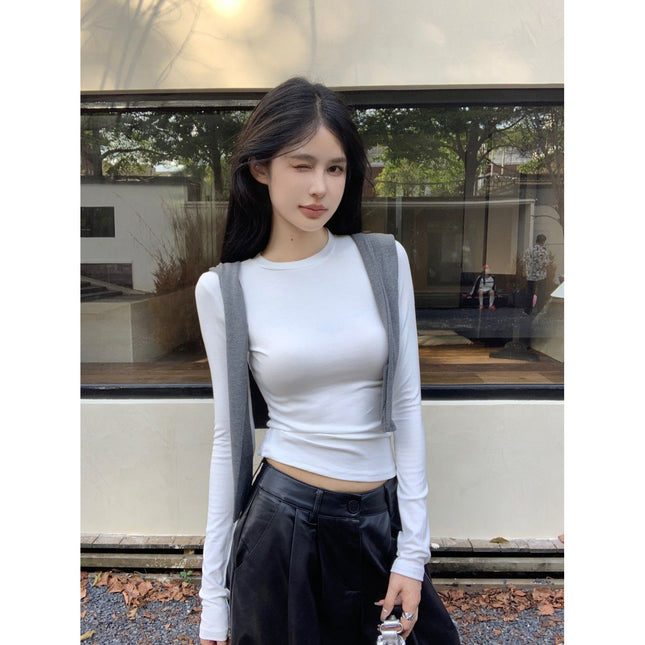 Black Long-Sleeve T-Shirt for Women, New Foreign Trade Style, Slim-Fit Versatile Base Shirt, Women's Versatile Trendy Waist-Cinching Top