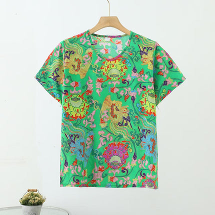 Retro Style Cotton Short-sleeved Women's Middle-aged and Elderly Mother's Vest Printed Outer Wear Base-layer Shirt All-match Artificial Cotton Top