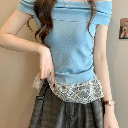Green off-shoulder short-sleeved top women's dopamine in early summer is beautiful and beautiful and pure waist T-shirt