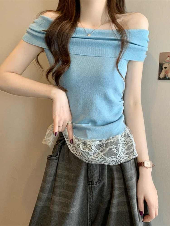 Green off-shoulder short-sleeved top women's dopamine in early summer is beautiful and beautiful and pure waist T-shirt