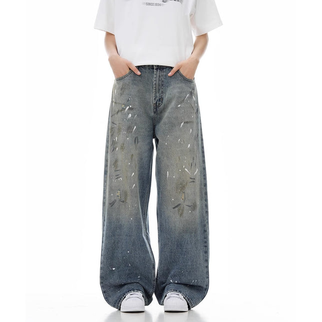 Jiamu Tie-Dye Ac Splash-Ink Jeans American High Street Fashion Brand Retro Washed Distressed Loose Straight Wide Legs