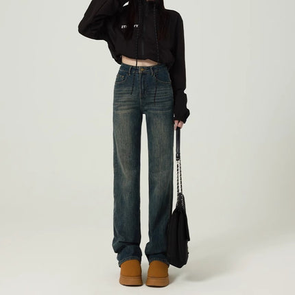 Vintage Cement Grey Narrow Edition Straight Jeans Women's Fashion All-match New Explosive High Waist Slimming Wide Leg Floor Pants