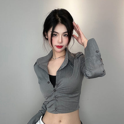 South Korea Dongdaemun New Slim-fit Slimming Sexy Spice Girl Figure Short Exposure Waist Long Sleeve Shirt Top for Women
