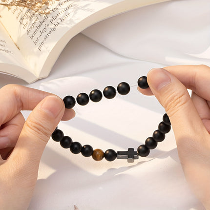 Amazon New Frosted Black Beaded Bracelet Tiger Eye Small Cross Pendant Bracelet Obsidian Cross Bracelet