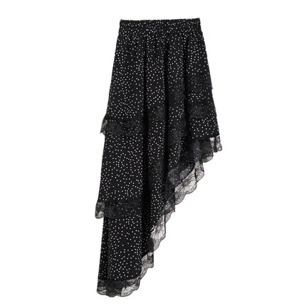 Yamamoto Summer French Style Irregular Wave Dot Skirt High Waist Lace Slant Hem Design Midi Dress
