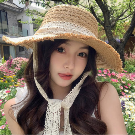 [Great Value] French Style Socialite Flat Top Hat 2025 New Summer Elegant Pearl String Sunshade Woven Straw Hat
