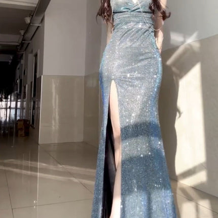 2025 New Sexy Deep V Slit Hip-Covering Floor-Length Evening Dress Nightclub Backless Style Performance Long Dress