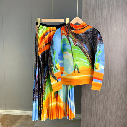 Miyake Style Design Niche Watercolor Print Two-Piece Set European Fashionable Elegant Top Pleated Skirt Two-Piece Set