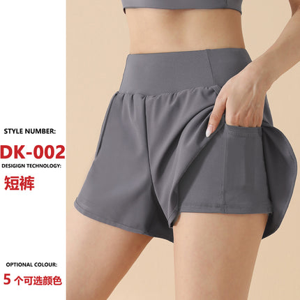 2026 Fake Two-Piece High-Waisted Hip-Lifting Sports Shorts for Women, Anti-Exposure Side Pockets, Loose Fit for Running, Fitness, and Yoga