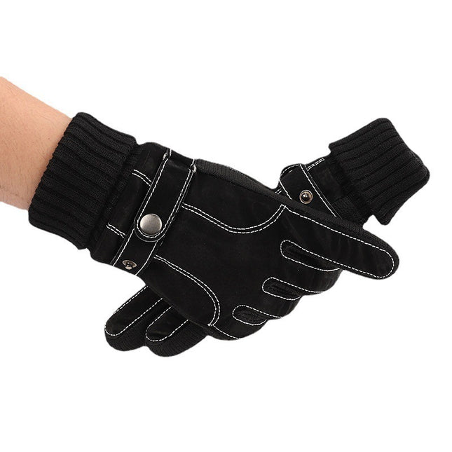 Outdoor Gloves Pigskin Gloves Men's Autumn and Winter Fleece-Lined Thickened Warm Gloves Windproof Cycling Touch Screen Gloves