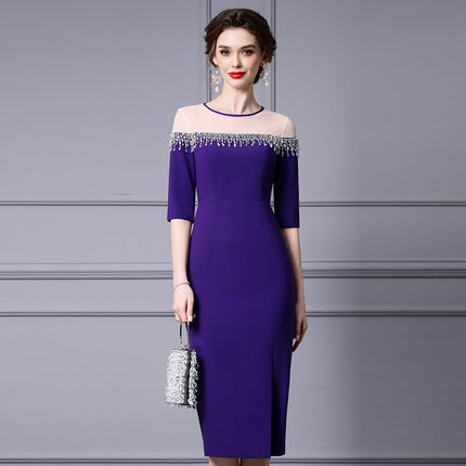 Zhili Light Luxury Elegant Evening Dress with Heavy Beading and Color Blocking, Feminine Bodycon Dress, Spring 2026