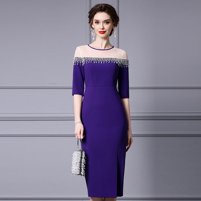 Zhili Light Luxury Elegant Evening Dress with Heavy Beading and Color Blocking, Feminine Bodycon Dress, Spring 2026