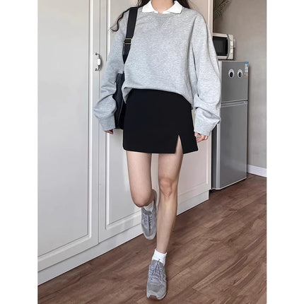 Slightly Chubby Women's High-Waisted Slimming Slit Skirt, Black Bodycon Skirt for Pear-Shaped Figure