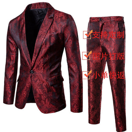 2023 Foreign Trade Spring and Autumn New Men's Glossy Dark Pattern Suit Nightclub Single-Button Men's Lapel Suit Set Wholesale