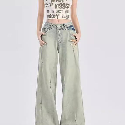 Cross-border American-style High Street Willow Nail Pleated Explosions Popular Design Element Straight Jeans Women's 2024 New Fashion