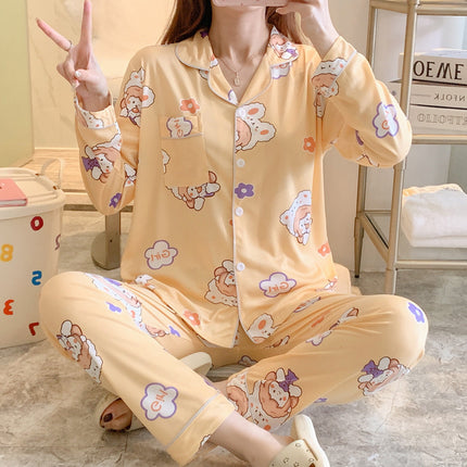 [Factory Wholesale] Women's Pure Cotton Pajamas, Spring and Autumn Style, Long-Sleeved, Long Pants, Can Be Worn Outside, Sweet Student Homewear Set