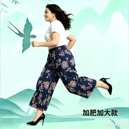 Foreign Trade Plus Size Middle-aged and Elderly Summer Thin Breathable Nine-point Flower Pants Mom Pants Ice Silk Loose Straight Pants