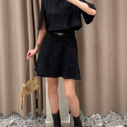 M Home~2025 Spring Sequined French Black Cropped Jacket with Vest Dress Small Fragrant Style Suit Short Style