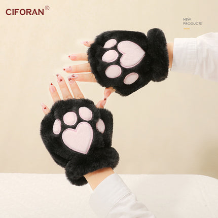 Cute Cat Claw Plush Gloves for Women in Autumn and Winter K-Style Ins Students Versatile Half-Finger Touch Screen Thickeneded Warm Split Fingers