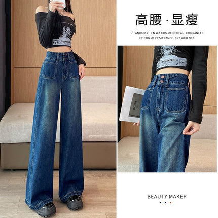 Two Buckle Wide Leg Jeans 2025 Maillard Stretch Loose Mop Pants Pocket Design All-match Women's Wear
