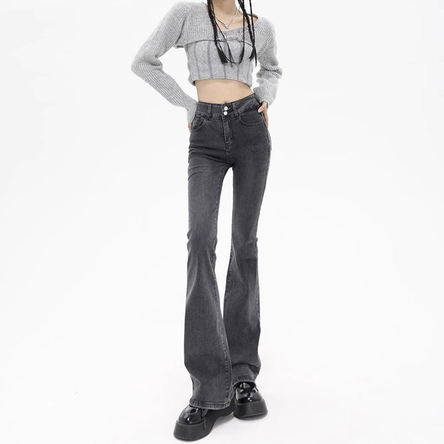 Grey Micro La Jeans Women's Autumn Trendy All-match New American Style Slim Look High Waist Stretch Horseshoe Trousers
