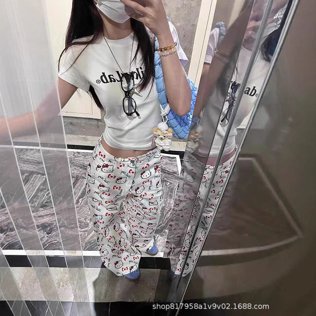 Cartoon Cute Kitty Cat Graffiti Print Jeans Women's Spring and Summer 2025 New High Waist Wide Leg Pants