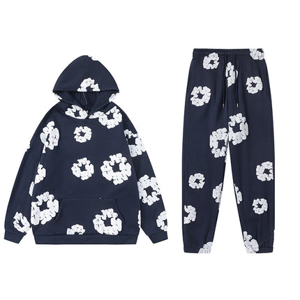 Cross-border Flower Printed Trendy Brand Same Style Hooded Sweater European and American Loose Hoodie Men's and Women's Sweater suit Men's Trendy Brand