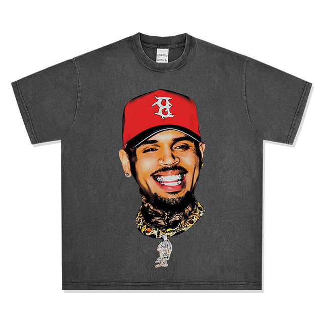 Cross-Border American Retro Chris Brown Chris Brown Printed Short-Sleeve T-Shirt Heavy Trendy Brand Versatile High Street