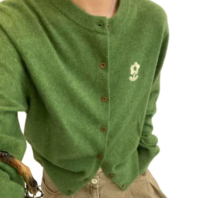Korean Fashion Casual Green Tops for Women 2025 Autum Round Neck Embroidered Sweater Jacket Long-Sleeved Knitted Cardigan for Women